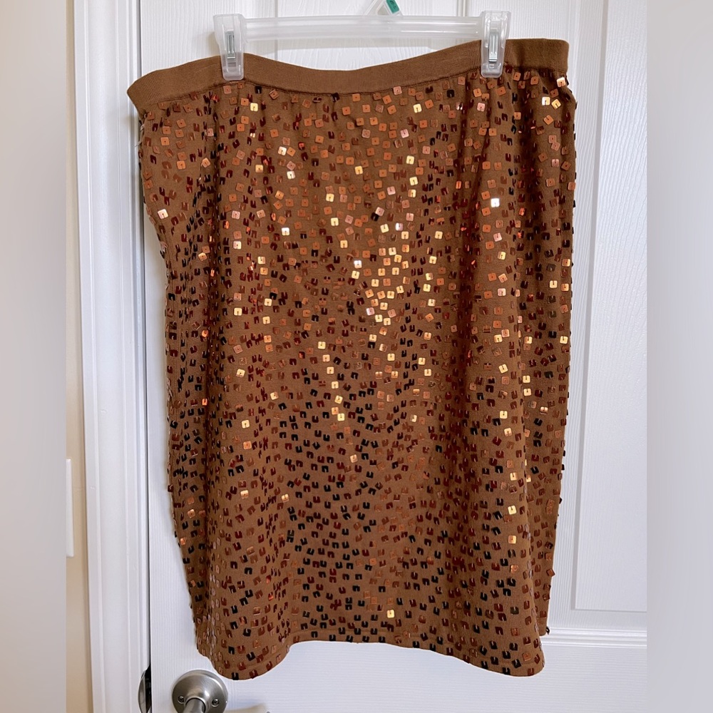 Plus Size, Below Knee Square Sequins Knit Pencil Pull on Skirt. 1X